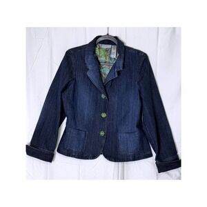 Liz Claiborne Denim Blazer Jacket Blue Paisley Lined Button Front Women 14